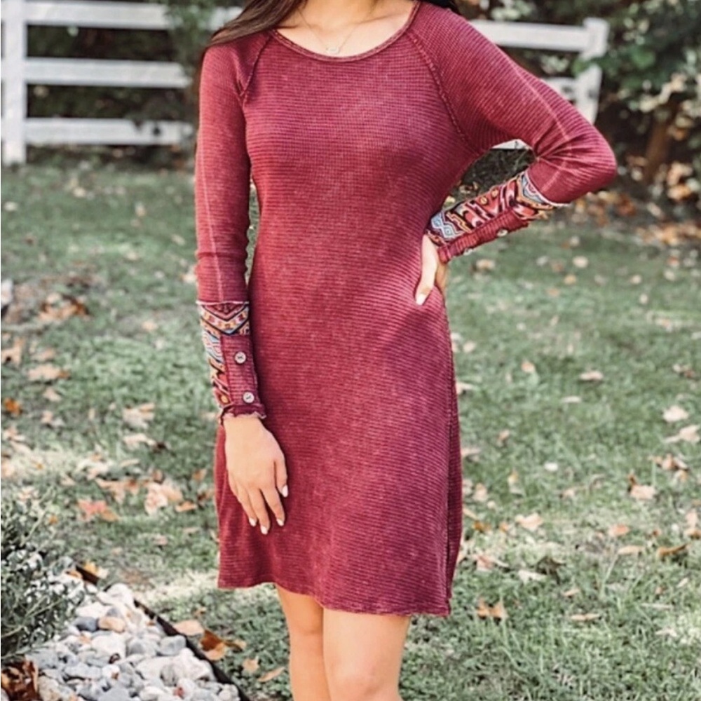 Able Burgundy Dress with Colorful Cuff Details
